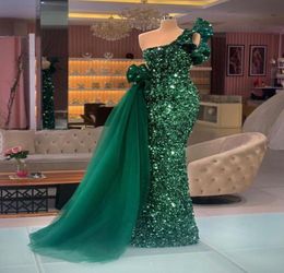 Dark Green Mermaid Evening Dresses Sparkling One Shoulder Luxury Sequins Velvet Floor Length Prom Dress Pageant Gown Custom Made B3998873