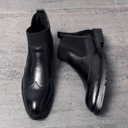 Boots Men Boots Slipon Waterproof Ankle Boots Men Brogue Fashion Boots Microfiber Leather Shoes Zapatillas Hombre Size 3844