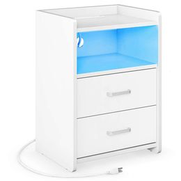 DEPAD Charging Station and Light Strip, with 2 Drawers, Bedroom Side Table, LED White Bedside Table (13.75 Deep 15.75 Wide X 23.62 Inches High)