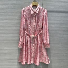 European fashion brand silk pink floral printed laple neck long sleeve gathered waist mini dress