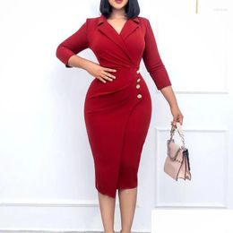 Plus Size Dresses Women Elegant Bodycon Button Three Quater Sleeves Classy Modext Office Ladies African Female Party Robes Drop Delive Ot8Lp