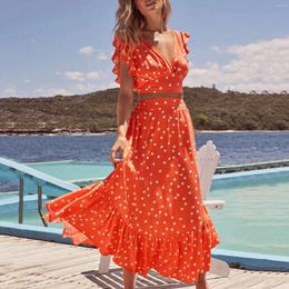 Casual Dresses Women Holiday Bohemian Style Polka Dot Print V Neck Ruffle Sleeve Top Long Skirt Set Women's Summer Fashion