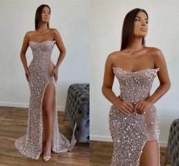 Stunning Sequined Prom Dresses Sexy High Split Evening Gowns Mermaid Strapless Backless Women Long Party Occasion Evening Gowns BC15527 0322