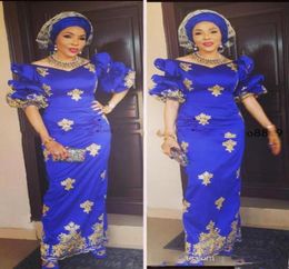 Royal Blue Nigeria Aso Ebi Sheath Prom dresses With Gold lace Appliques Evening Dress African Arabic half sleeves Party Gown Vesti4747767