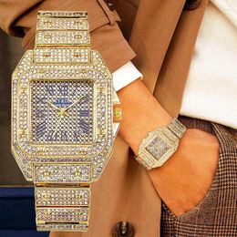 Wristwatches Watches For Men Women Luxury Hip Hop Iced Out Watch Gold Rhinestone Quartz Square Wristwatch Relogio Masculino Groomsmen Reloj