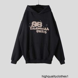 Designer Correct Version High Quality B Family 23SS New BB Hand Painted Graffiti Loose Hooded Sweatshirt Unisex Happy RPM6