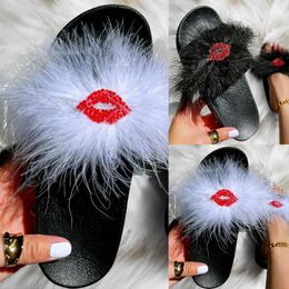 Slippers Fashion Spring And Summer Women Thick Bottom Flat H Red Lip Decoration Rhinestones