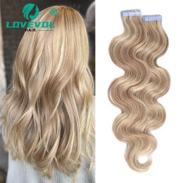 Extensions LOVEVOL 20 pcs Body Wave Tape in Hair Extensions Human Hair 100% Real Remy Hair Skin Weft for Women Natural Colour Hair 20 Inch