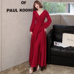 Party Dresses Full Sleeves Evening Burgundy V-neck Plus Size A-line Floor-length Simple Bow Zipper Back Woman Formal Dress A108