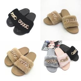 2024 Positive In stock autumn and winter chain flash diamond fluffy slippers indoor and outdoor fluffy flat warm flip-flops