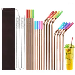 Drinking Straws Stainless Steel With Silicone Travel Reusable Rose Gold Portable Straw Set For School Camping Picnics