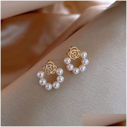Stud Korean Petal Pearl Ear Temperament Net Red Female Small And Wild Fashion Earrings Drop Delivery Jewellery Dhylh