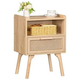 Lerliuo Rattan Table, Bohemian Side Drawers Open Shees, Cane Decorated Bedside Table with Solid Wood Legs, Suitable for Bedrooms, Dormitories, and Small