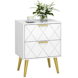 Bedside White 2 Drawers, Mediaeval Modern with Golden Legs, Wooden Side Table, Living Room Bedroom Bedside Table Z09W