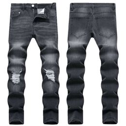 2023 Spring New Denim Men's with Holes Trend, Personalised Black Slim Fitting Straight Tube Mid Waist Pants for Men