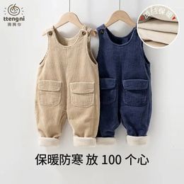 ChildrenS Corduroy Overalls Winter Thickened Plus Velvet Jumpsuits Baby Warm OnePieces Bodysuit Boys Girls Retro Simple Trouse y240307