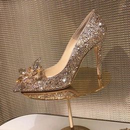 Dress Shoes Red Rhinestone High Heels Wedding Bride Pointed Toe Slip-On Thin Pumps Women Cut-Out Crystal
