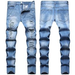 Hip Hop Style Multi Hole Valley Bone Patch Light Blue Paint Spray Small Straight Leg Jeans