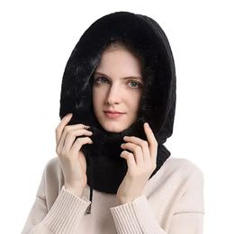 Winter Women Knitted Hood Ski Hats Faux Fur Scarf Neck Warmer Fleece Lined Face Mask Balaclava for Outdoor Sports 240311