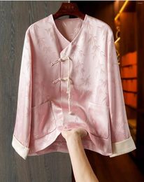 Ethnic Clothing Luxury Jacquard Shirt Women Satin Tang Clothes Qipao Tops Pink Chinese Style Coat Long Sleeve Vintage Button Down Costume
