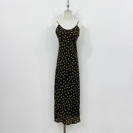 Womens Dress USA Fashion brand black silk yellow polka dot pattern gathered waist slip mid dress