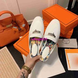 Mules Sandals Half Head Loafers Leather Slippers Baotou Half Slippers for Women Wearing Sandals 2024 New Home Lock Buckle Flat Sole Muller Sho have logo HBGEYZ