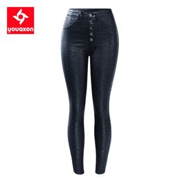 2218 Youaxon EU Size High Waist Black Leopard Pattern PU Jeans Woman Stretch Skinny Denim Jean Pants Plus Size Jeans For Women 240315