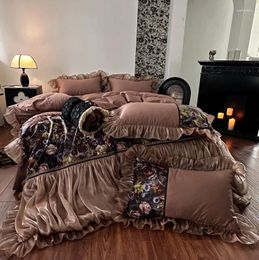Bedding Sets Organza Lace Ruffled Duvet Cover Set 4/6Pcs Vintage Chic Brown 1000TC Cotton For Girls Bedskirt Pillowcases