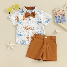 Clothing Sets Toddler Baby Boy Summer Clothes Dress Outfit Print Short Sleeve Button Down Bowtie Shirt And Shorts Set