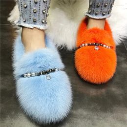 Casual Shoes Luxury Skyblue Winter Warm Fur For Women Beading Furry Outside Loafers Espadrilles Ladies Real Mink Flats