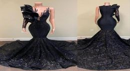 2023 Sexy Elegant Prom Dresses Mermaid Long Sleeve Black Sequined Lace applique Jewel Neck Ruffles African Girl Gala Evening Party3194288