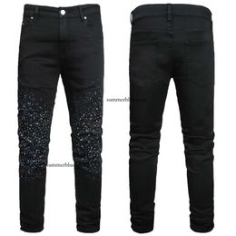 2023 New Street Trend Popular Starry Sky Men's Jeans Black Slim Fit Straight Leg Elastic Casual Pants
