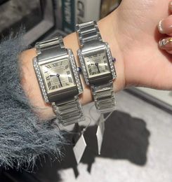 Famous Couples Roman Number Tank Watch Women Men Quartz Wristwatch Stainless Steel Blue Pointer Watch Francaise Clock White Diamond Square Bezel 30mm 27mm 21mm
