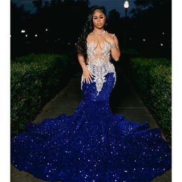Blue Sequins Royal Beaded Appliques Prom Dresses For Black Girls Sheer Neck Sweep Train Mermaid Formal Ocn Gowns mal
