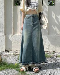 Skirts S-XL A Line Long Denim Skirt 2024 Korean Style High Waist Vintage Tassel Midi Jeans Women (L2990