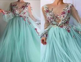 2020 Turquoise Prom Dresses Appliqued Lace A Line Floor Length Fairy Evening Dress Custom Made Long Sleeve Special Occasion Gowns3037463