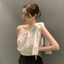 Women's Tanks Korean Summer Pleated Bow Lace-up Slash Neck Strapless Tops Waisted Solid Colour Office Lady Versatile Daily Female