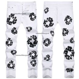 2023 Spring New Men's Jeans Printed Elastic Slim Fit Popular Small Feet Mid Waist Casual Pants