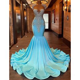 Mermaid Arabic Aso Ebi Vestidos de baile luxuosos Cristais de miçangas noite festa formal Segunda recepção Vestidos de noivado de aniversário ZJ