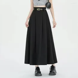 Skirts Women Spring Summer Black Pleated Skirt Fashion Elegant High Waist A-Line Long Simplicity Loose Ankle-Length