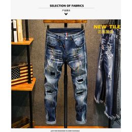 2021 Autumn Brand Trendy Elastic Slim Fit with Broken Holes Colored Hand Painted Mid Rise Jeans Men's Pants