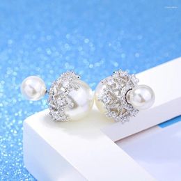 Stud Earrings Girl Jewelry S925 Silver Earring Sparkling Openwork Lace For Women Wedding Gift Lady Fashion Zircon