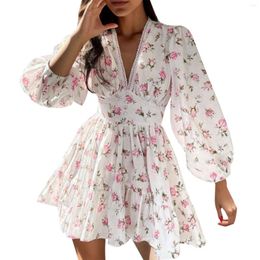 Casual Dresses Sweet Fairy Floral Printing For Women 2024 Autumn Puff Long Sleeve Party A Line Elegant Pleated Holiday Sundress