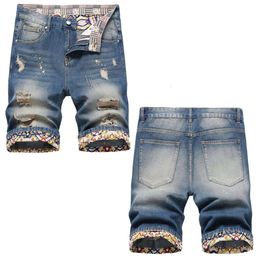 2023 Summer New Worn and Perforated Men's Quarter Jeans Trendy Slim Fit Straight Mid Rise Pants