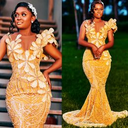 2024 Aso Ebi Yellow Florals Mermaid Prom Dress Sequined Lace Evening Formal Party Second Reception 50th Birthday Engagement Gowns Dresses Robe De Soiree ZJ45