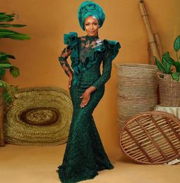 Hunter Green Aso Ebi Style Prom Dresses Long Sleeves African Mermaid Evening Dress Ruffled Lace Elegant Nigerian Formal Gowns6501473