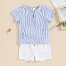 Clothing Sets Striped Outfit Toddler Boy Shirt And Shorts Set Short Sleeve Tops Solid Colour Baby Summer Clothes 0-4T