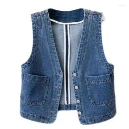 Women's Vests Vintage Denim Short Vest Ladies Casual Sleeveless Slim Waistcoat Creative Collarless Outwear Kangshi Female