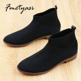 Boots 2022 New Ankle Boots Women Stretch Fabric Elastic Pointed Toe Fashion Socks Boots Wood Hard Bottom Slipon Boots