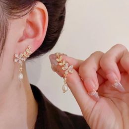 Stud Earrings Fashion Trend Shiny Elegant Delicate Zircon Leaf Flower Freshwater Pearl Silver Needle Ladies High Jewelry Party Gift